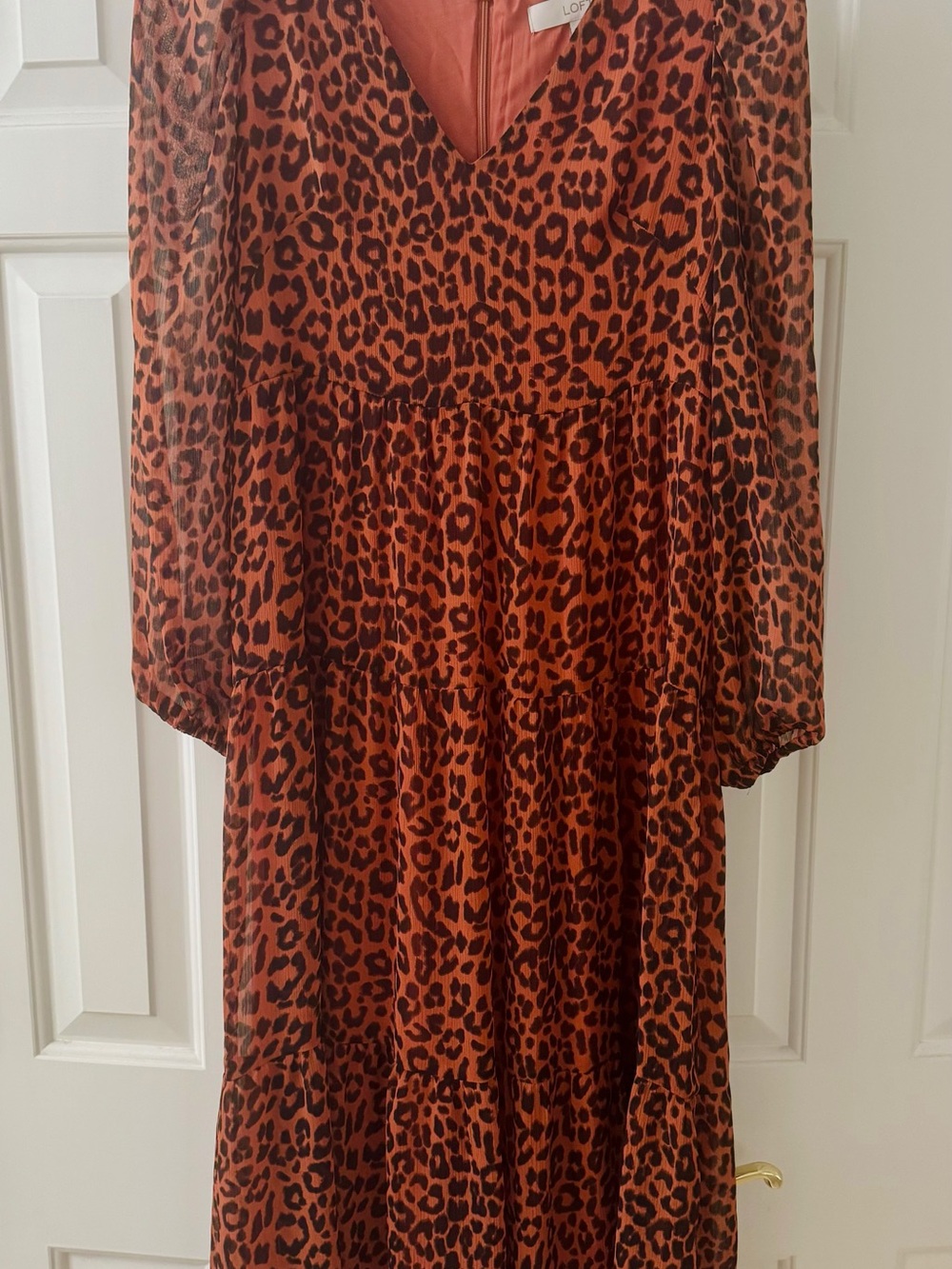 LOFT Leopard Tiered V-Neck Long Sleeve Dress